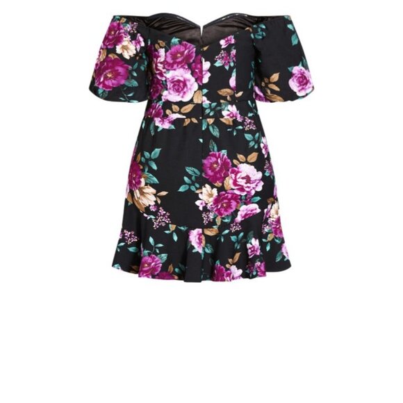 New City Chic Olivia off the shoulder ruffled hemline Mini Dress black Floral 14 - Picture 5 of 15